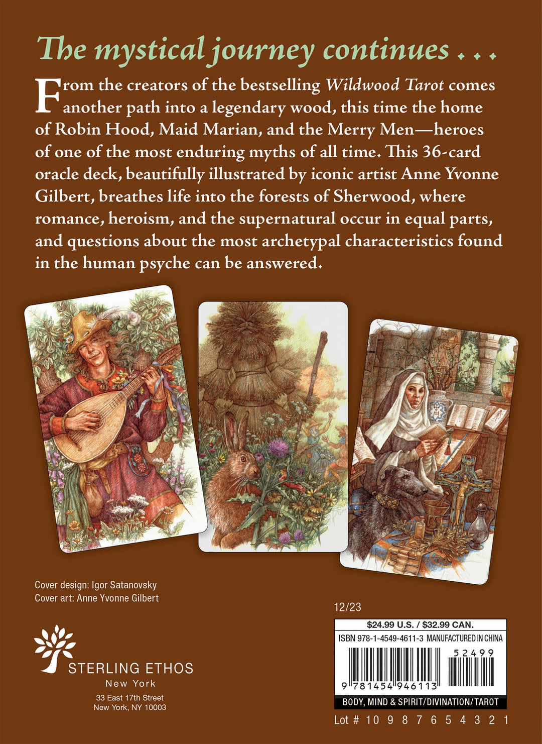 Back of The Sherwood Oracle box, showing the deck description and three illustrated sample cards.