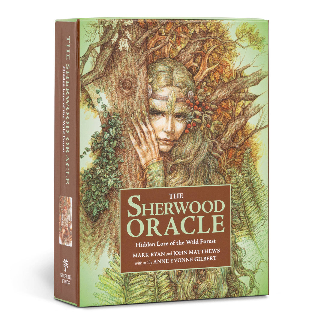 The Sherwood Oracle box by Mark Ryan and John Matthews, featuring Anne Yvonne Gilbert’s artwork of a woman beside a forest tree