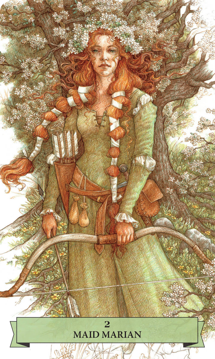 Maid Marian card from The Sherwood Oracle, showing a red-haired archer in a green dress holding a bow beneath flowering branches