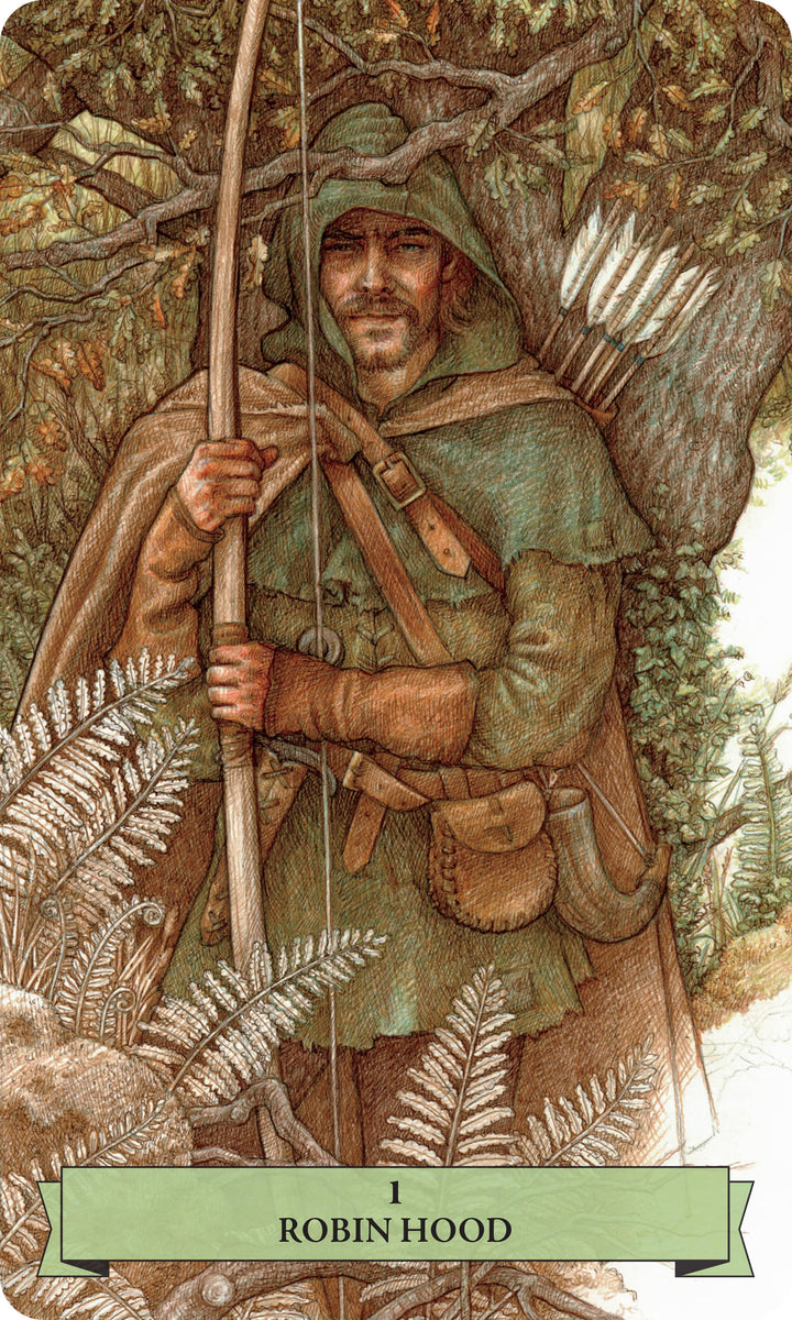 Robin Hood card from The Sherwood Oracle, showing a hooded archer holding a longbow beneath a forest tree