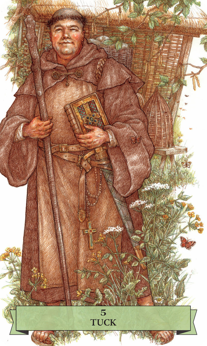 Tuck card from The Sherwood Oracle, depicting a brown-robed friar holding a staff and book among woodland flowers