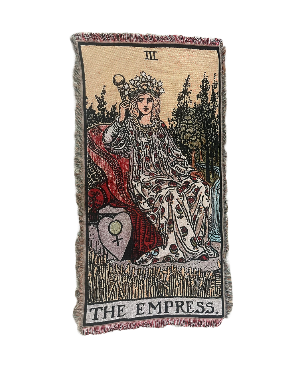 Woven tapestry with 'The Empress' tarot card design featuring a woman in regal attire.