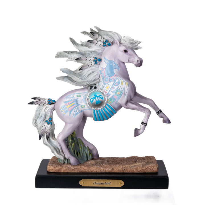 Thunderbird Native American horse figurine by Laurie Prindle — front view of white resin horse with Thunderbird motif, 8.25 inches tall