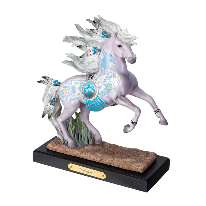 Rearing three-quarter view of Thunderbird horse figurine by Laurie Prindle showing sculptural depth and resin finish