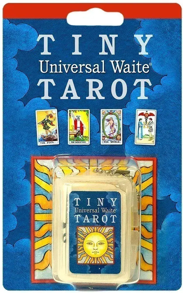 Tiny Universal Waite Tarot key chain in blue retail packaging, with a miniature deck in a clear carrying case and four sample card illustrations.