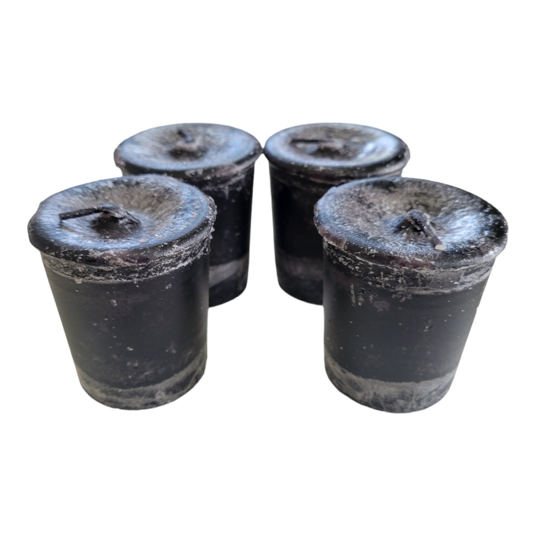 Set of 4 Reiki-charged black protection votive candles with affirmation card, scented with frankincense, rosemary, sandalwood &amp; clove — Healing Winds Emporium