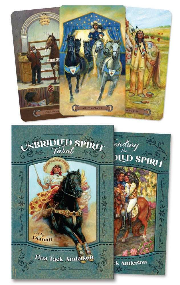 Unbridled Spirit Tarot box, guidebook, and fanned cards showing The Hierophant, The Chariot, and The Magician — 78-card tarot kit by Llewellyn
