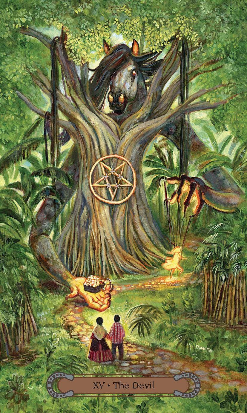 The Devil tarot card (XV) from Unbridled Spirit Tarot — dark horse spirit looming in a jungle tree above two figures on a forest path