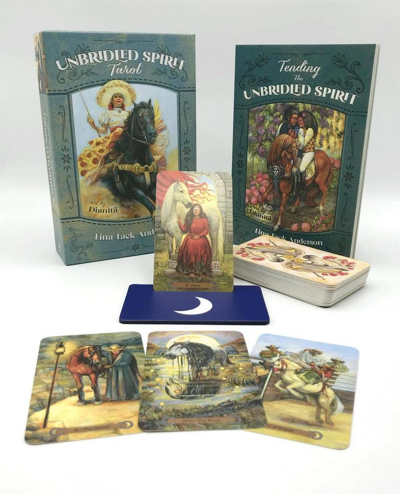 Unbridled Spirit Tarot full kit with box, guidebook, card stand, deck, and sample cards displayed on white background — tarot set by Llewellyn