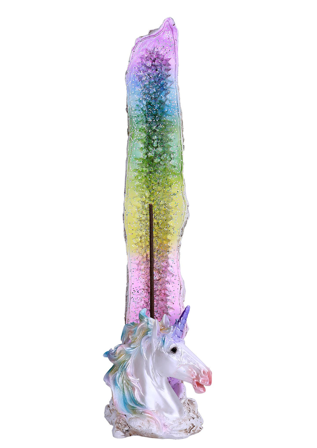 Unicorn and rainbow crystal tower incense burner with a stick of incense, shown upright in the vertical holder, cold cast resin, 9.8 inches tall
