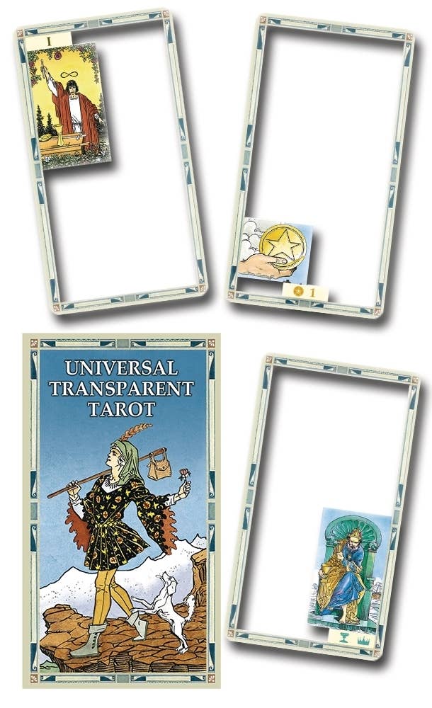 Universal Transparent Tarot box by Lo Scarabeo with three clear plastic cards showing The Magician, Ace of Pentacles, and a King