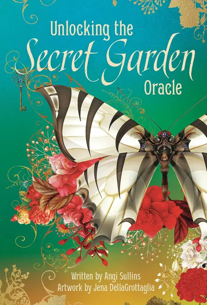 Unlocking the Secret Garden Oracle box by Angi Sullins featuring botanical mystical artwork and gold foil accents