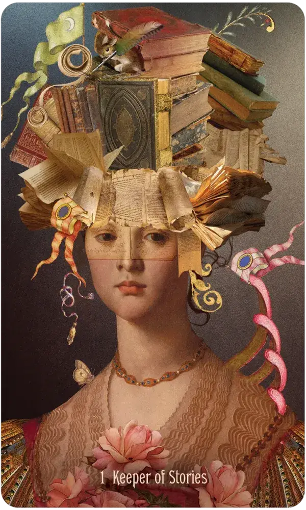 Sample card Keeper of Stories from Unlocking the Secret Garden Oracle deck featuring lush botanical and mystical artwork with a woman's head and old books on her head