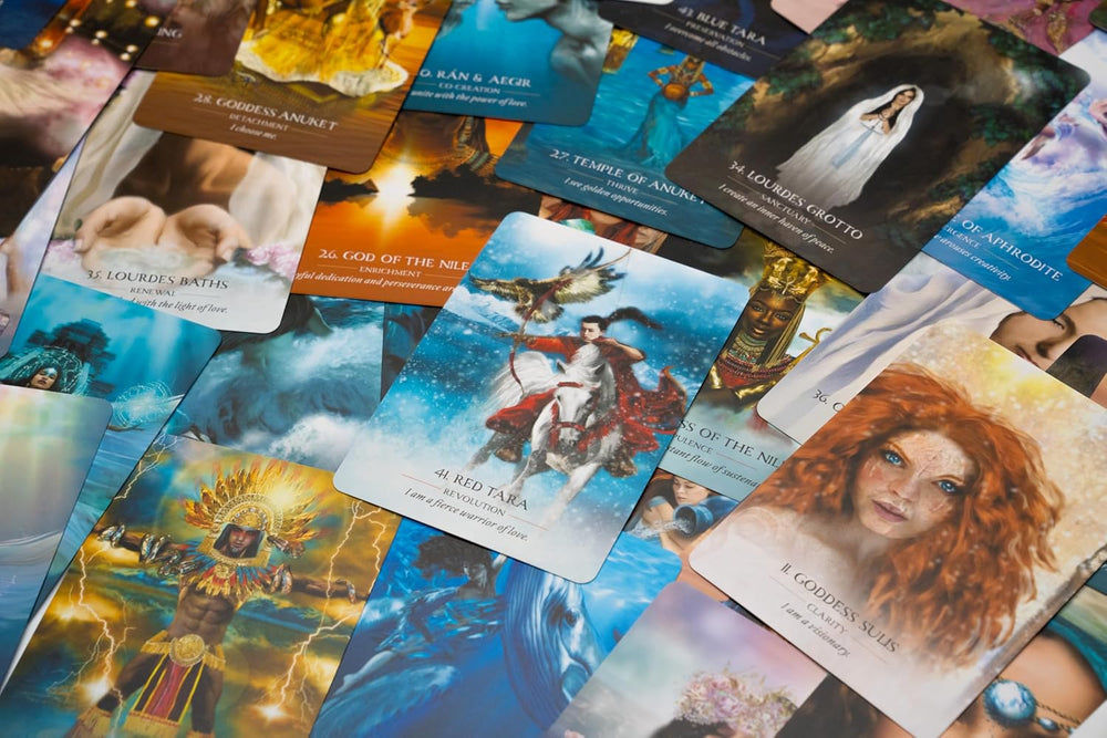 Water Temple Oracle Cards spread showing goddess artwork and sacred water temple imagery by Laila Savolainen