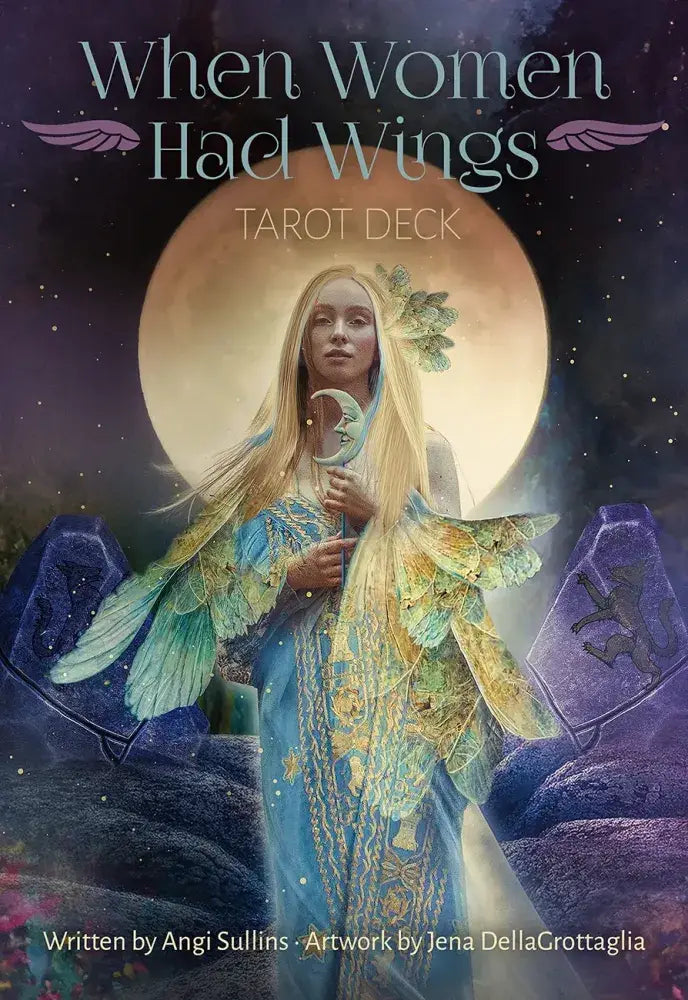 When Women Had Wings Tarot deck box with 78-card deck, 198-page guidebook, and purple gilt card edges showing — by Angi Sullins, art by Jena DellaGrottaglia