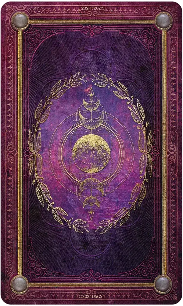 When Women Had Wings Tarot card back — deep purple with gold moon phase and celestial design, ornate border, and purple gilt edges