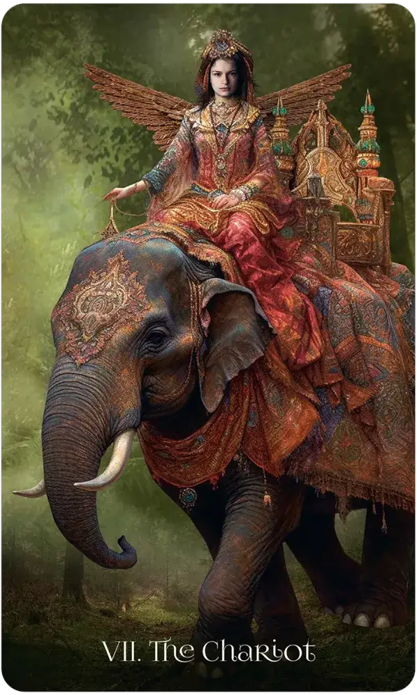When Women Had Wings Tarot — VII The Chariot card featuring a winged woman in rich red brocade riding atop a decorated elephant through a lush green forest