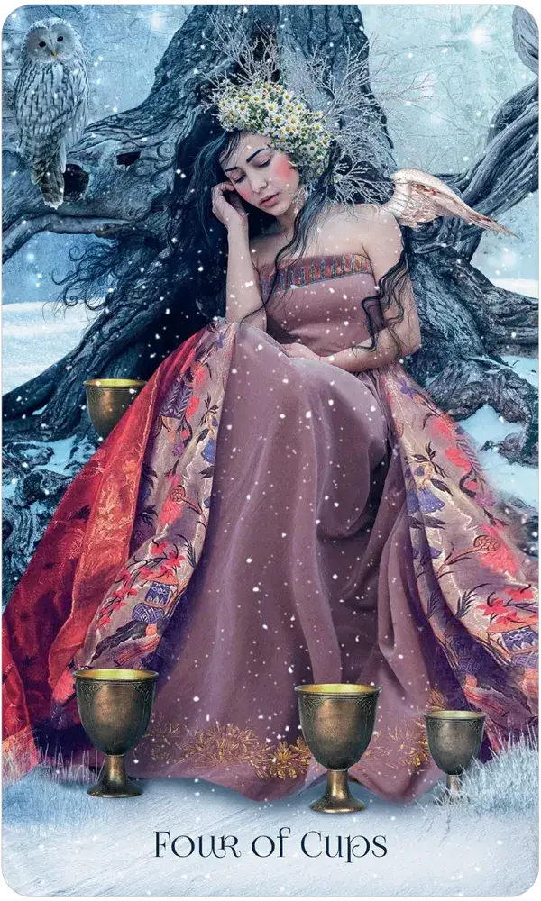 When Women Had Wings Tarot — Four of Cups card featuring a flower-crowned winged woman in a brocade gown seated in snow beside four golden cups with a white owl