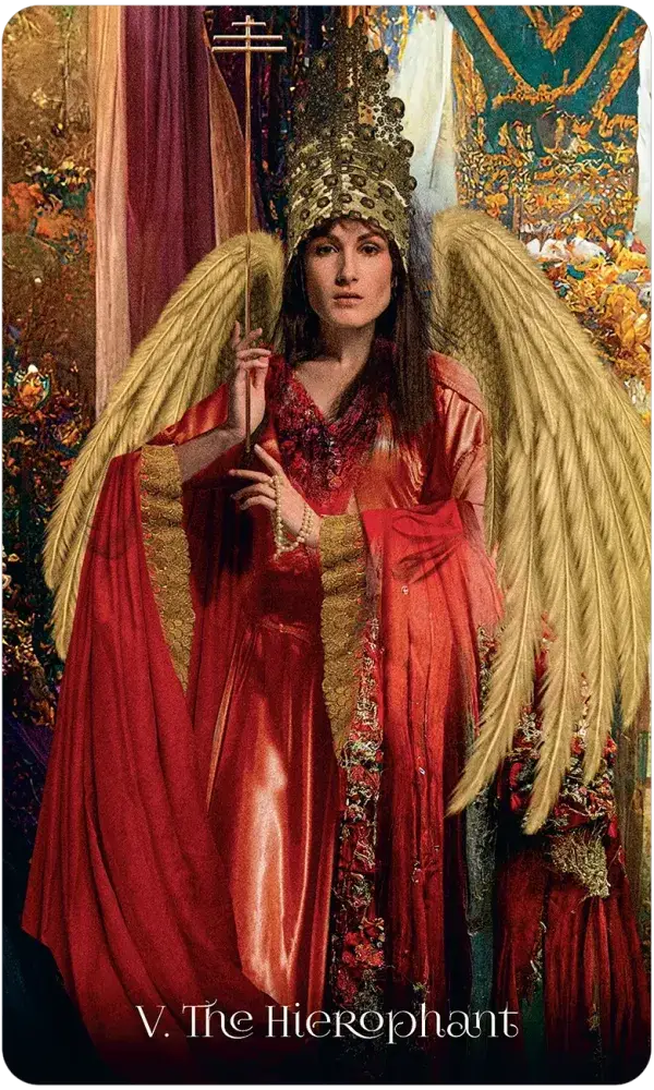 When Women Had Wings Tarot — V The Hierophant card featuring a winged woman in ornate red and gold robes with a jeweled papal crown holding a golden staff