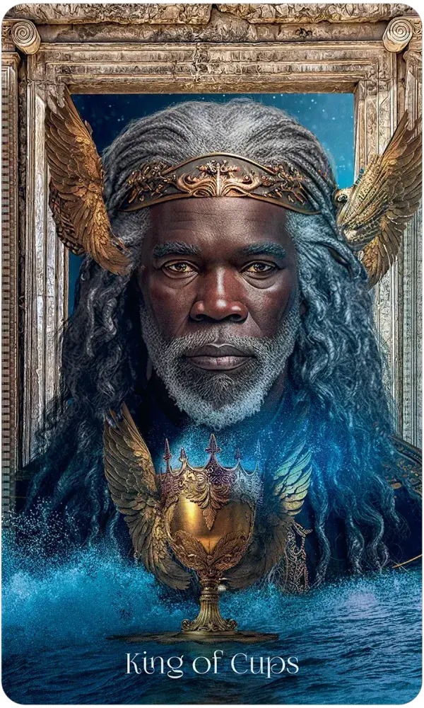 When Women Had Wings Tarot — King of Cups card featuring a regal elder with silver locs, a golden crown, and wings rising from ocean waves with a winged chalice