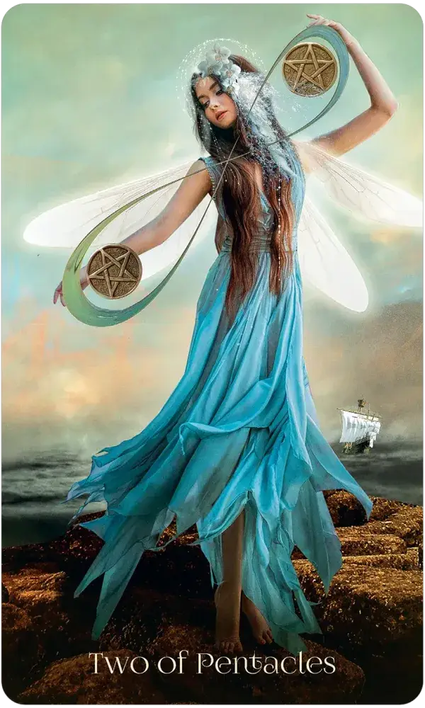 When Women Had Wings Tarot — Two of Pentacles card featuring a dragonfly-winged woman in teal balancing two pentacle coins on a coastal cliff with a ship at sea