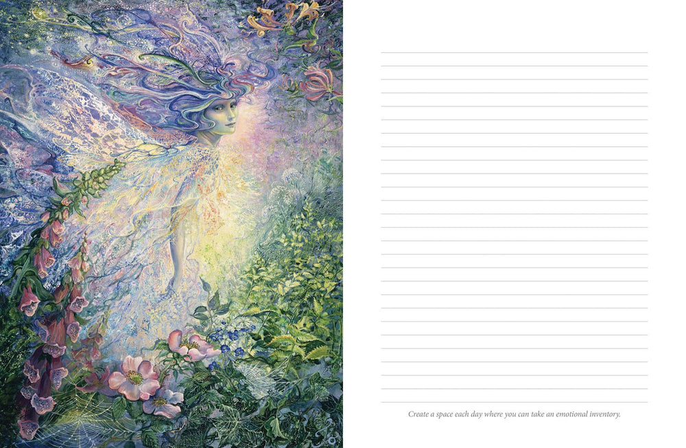 Interior spread of the Whispers of Healing Journal showing a full-color Josephine Wall fantasy illustration alongside a cream-colored lined journaling page