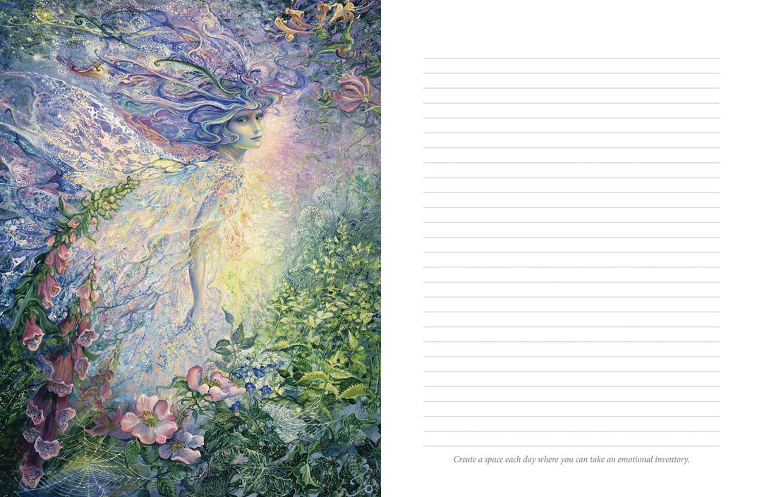 Interior spread of the Whispers of Healing Journal showing a full-color Josephine Wall fantasy illustration alongside a cream-colored lined journaling page