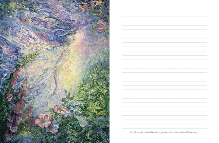 Interior spread of the Whispers of Healing Journal showing a full-color Josephine Wall fantasy illustration alongside a cream-colored lined journaling page