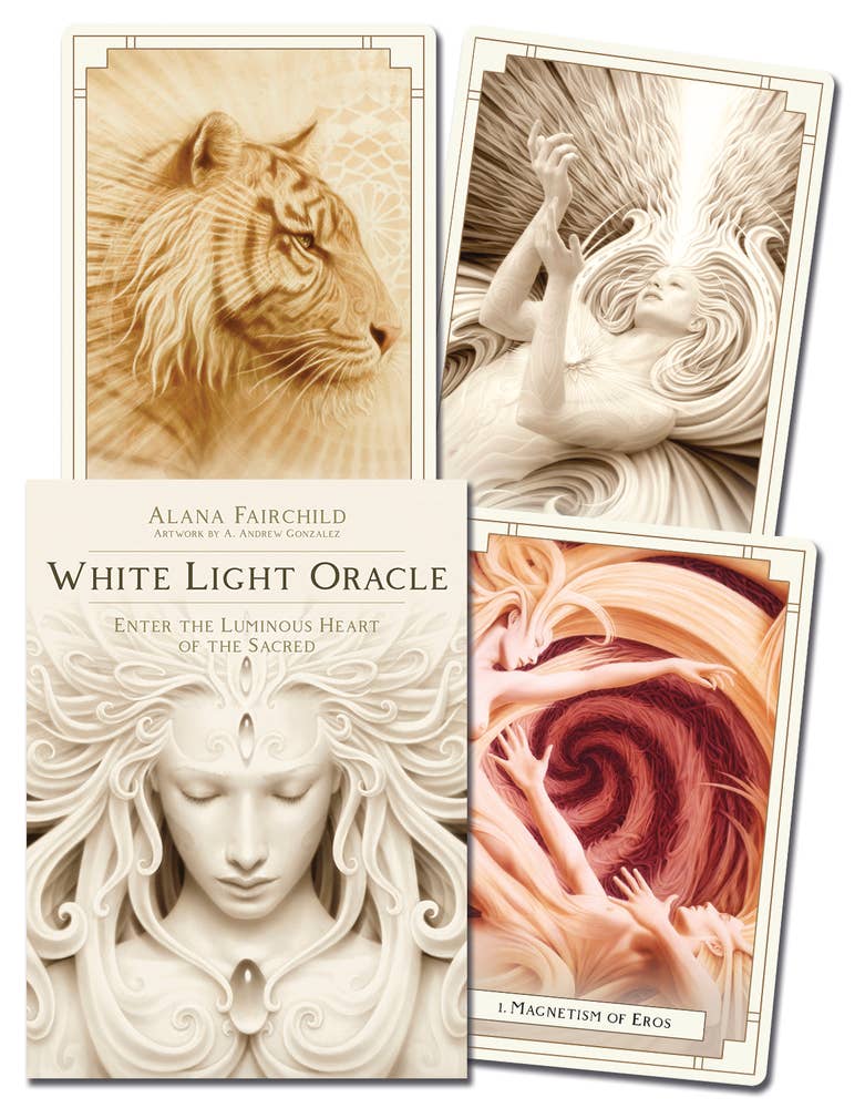 White Light Oracle 44-card deck and boxed set with 240-page guidebook by Alana Fairchild, art by A. Andrew Gonzalez, published by Blue Angel