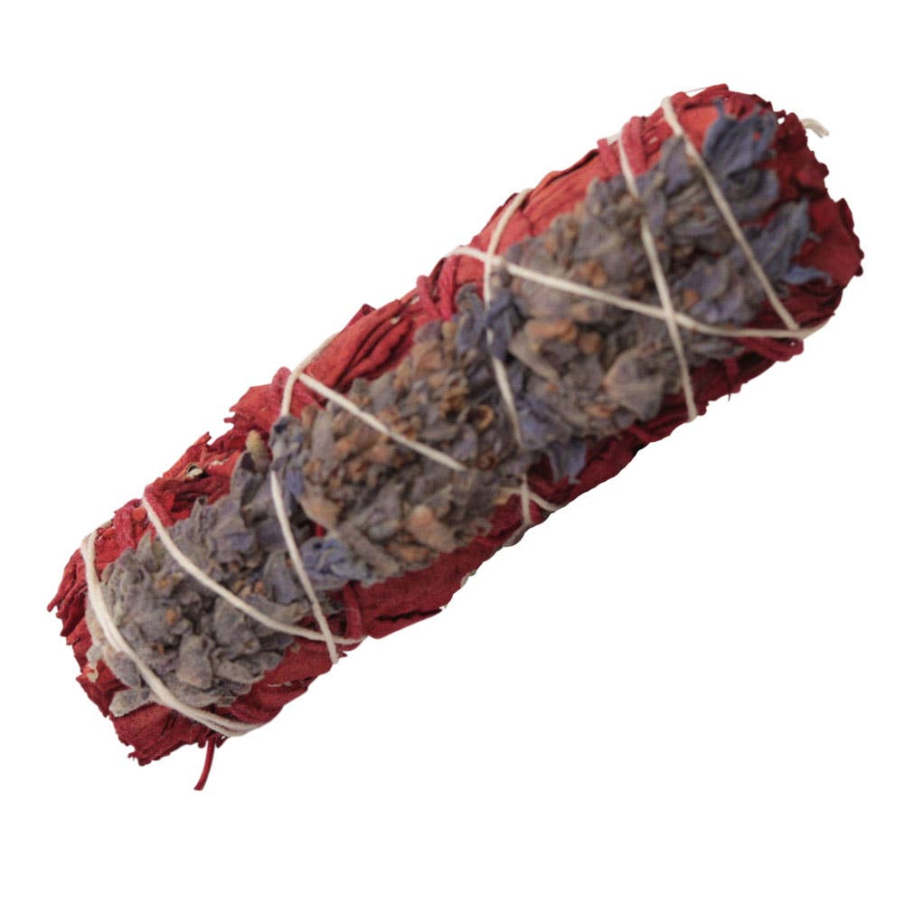 Handcrafted 4-inch white sage smudge stick with dragon's blood resin and dried lavender flowers, bound with white string