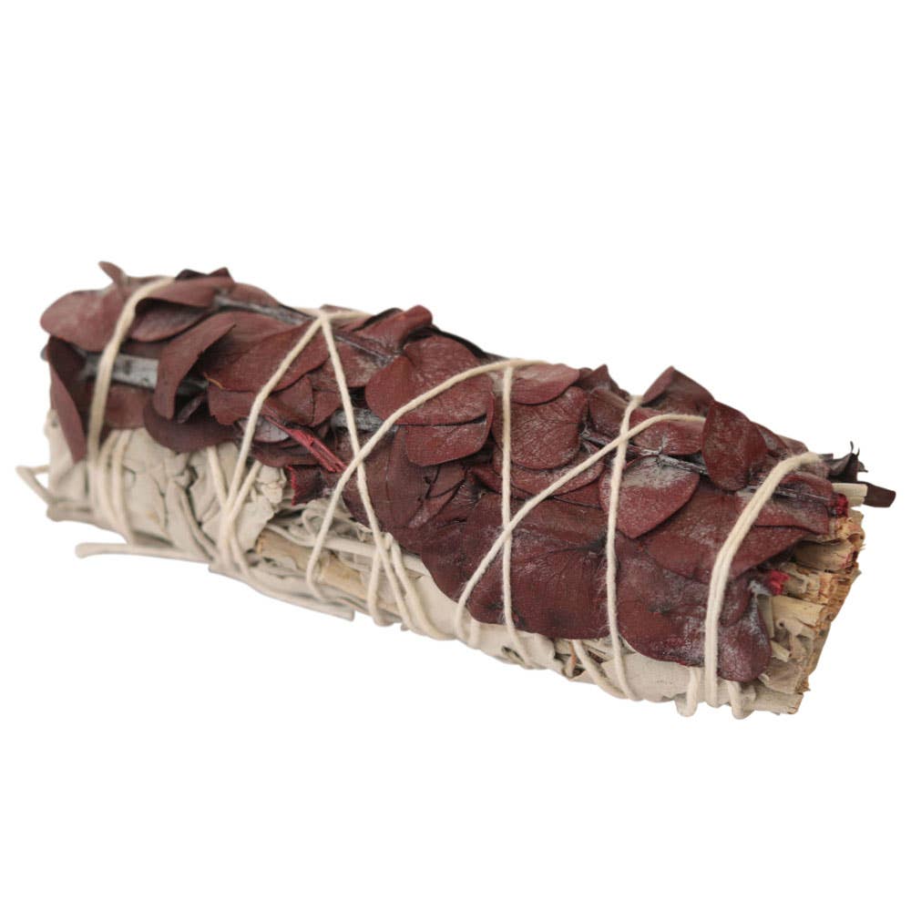 Handcrafted 4-inch white sage and red eucalyptus smudge stick bound with white string, showing deep red eucalyptus leaves over white sage base