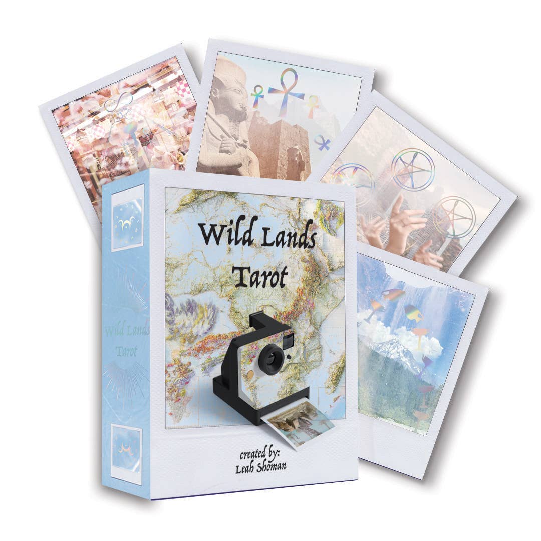 Wild Lands Tarot deck box by Leah Shoman with four holographic Polaroid-style tarot cards fanned out