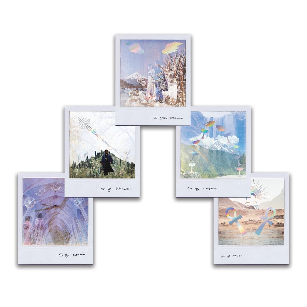 Five Wild Lands Tarot Polaroid-style cards with holographic foil overlays showing nature and mystical scenes