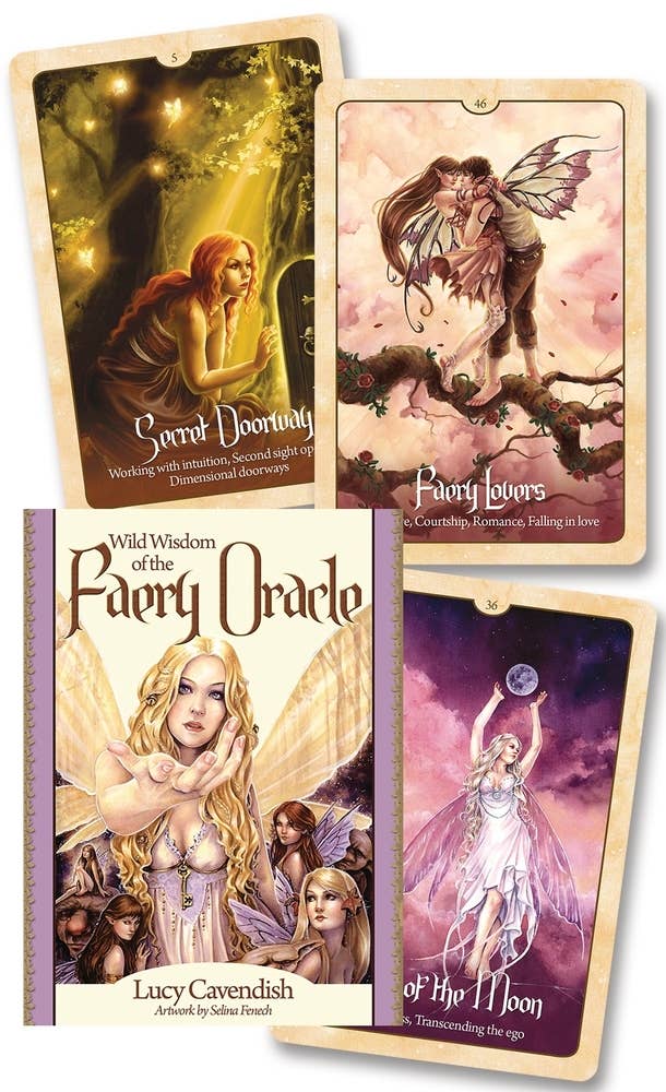 Wild Wisdom of the Faery Oracle 47-card deck and premium hardcover box by Lucy Cavendish with art by Selina Fenech and 176-page guidebook, published by Blue Angel