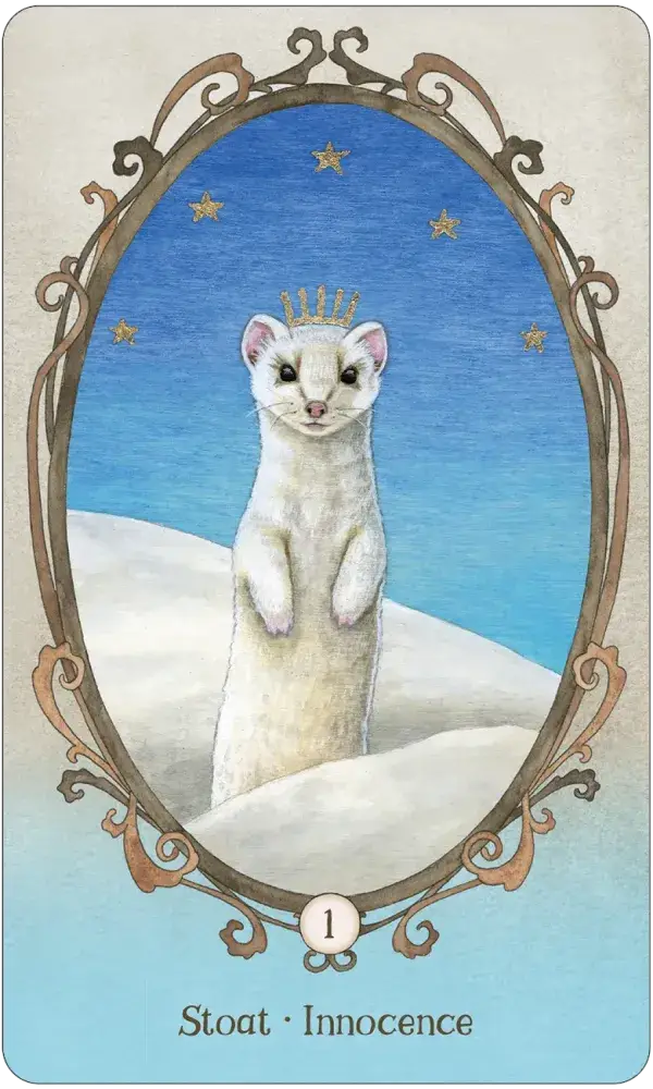 Wing Hoof and Paw Oracle Card 1 — Stoat · Innocence, featuring a white ermine stoat with a gold crown standing upright in a snowy winter landscape with gold stars in an ornate oval frame