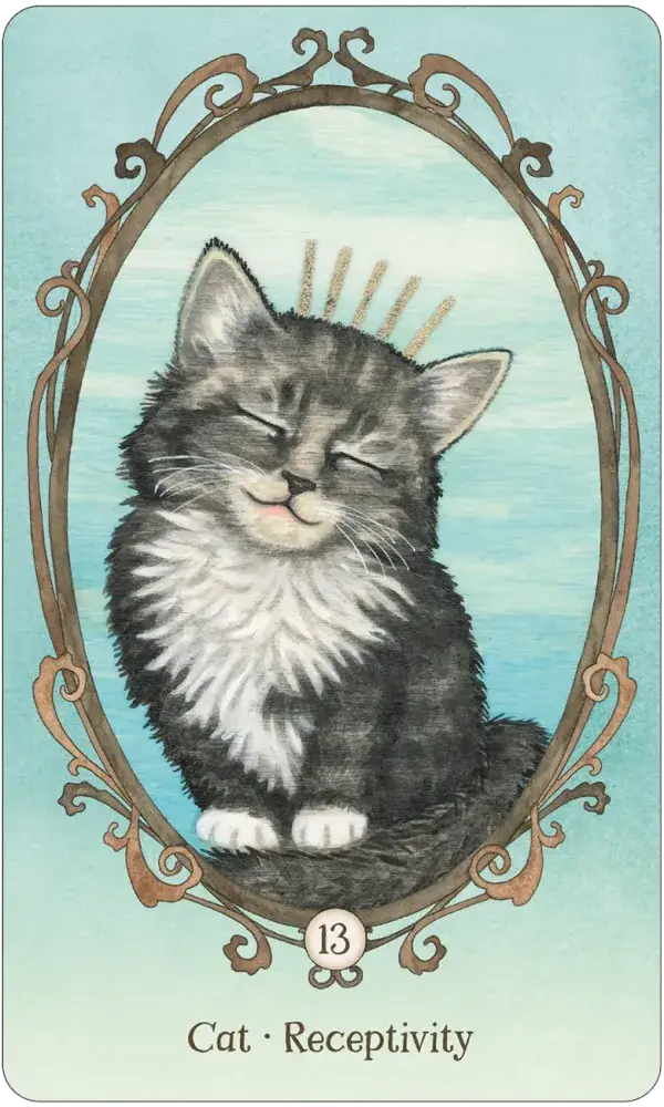 Wing Hoof and Paw Oracle Card 13 — Cat · Receptivity, featuring a fluffy grey tabby kitten with eyes closed and a tiny crown in an ornate oval Art Nouveau frame on a teal background