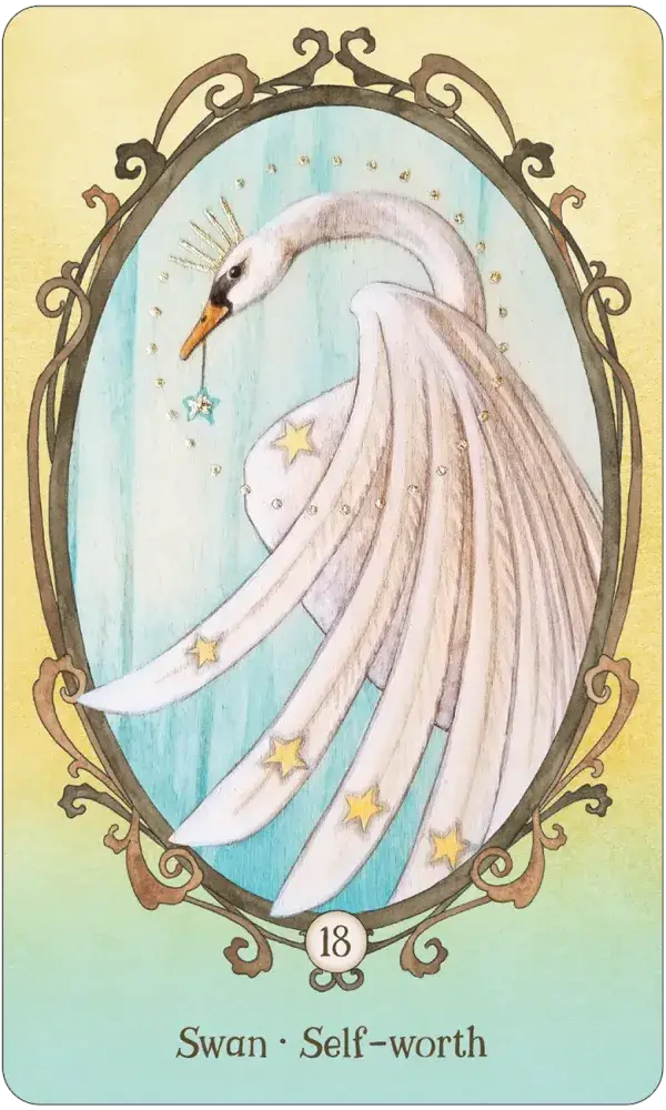 Wing Hoof and Paw Oracle Card 18 — Swan · Self-Worth, featuring a crowned white swan with gold stars on its wings holding a star charm in an ornate oval frame on a soft yellow background