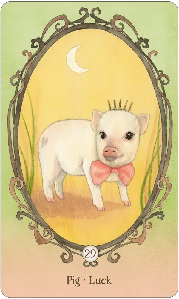 Wing Hoof and Paw Oracle Card 29 — Pig · Luck, featuring a tiny white piglet with a pink bow tie and gold crown standing under a crescent moon in an ornate oval frame