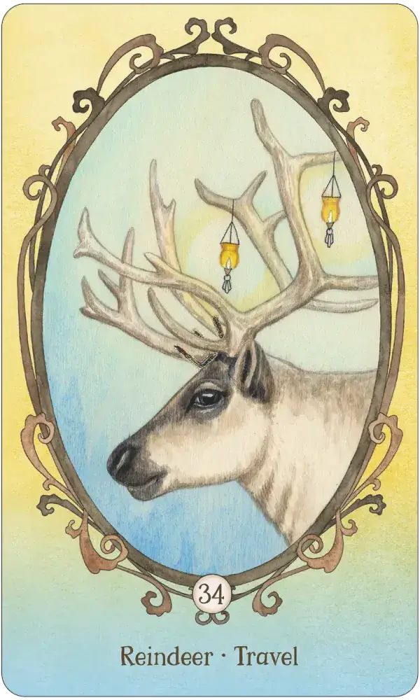 Wing Hoof and Paw Oracle Card 34 — Reindeer · Travel, featuring a majestic reindeer with wide antlers hung with small lanterns in an ornate oval frame on a soft blue-yellow background
