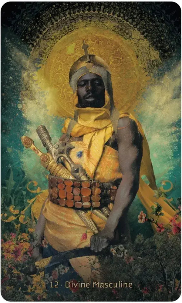W.I.T.C.H. Oracle card 12 — Divine Masculine: golden-robed warrior with halo and crossed swords surrounded by florals by Silas Toball