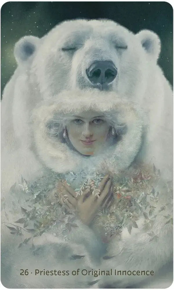 W.I.T.C.H. Oracle card 26 — Priestess of Original Innocence: serene woman cradled within a white polar bear under starlit sky by Silas Toball