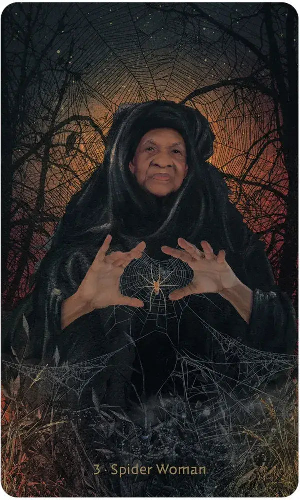 W.I.T.C.H. Oracle card 3 — Spider Woman: elder wise woman holding spider web orb in moonlit forest by Silas Toball