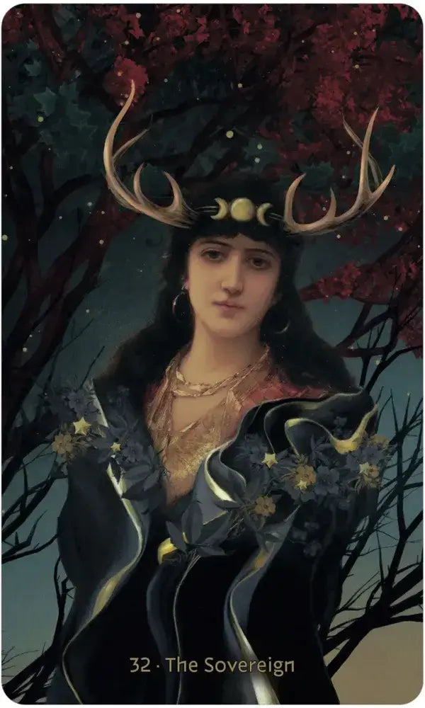 W.I.T.C.H. Oracle card 32 — The Sovereign: antlered woman with triple moon crown among dark trees and gold stars by Silas Toball