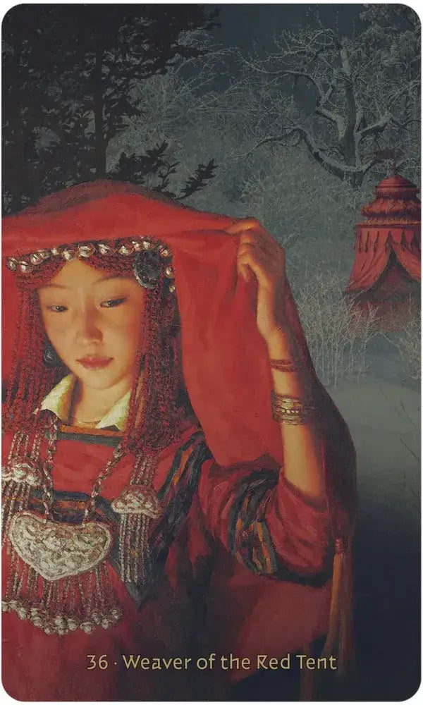 W.I.T.C.H. Oracle card 36 — Weaver of the Red Tent: young woman in red ceremonial veil and silver jewelry lifting the veil at dusk by Silas Toball