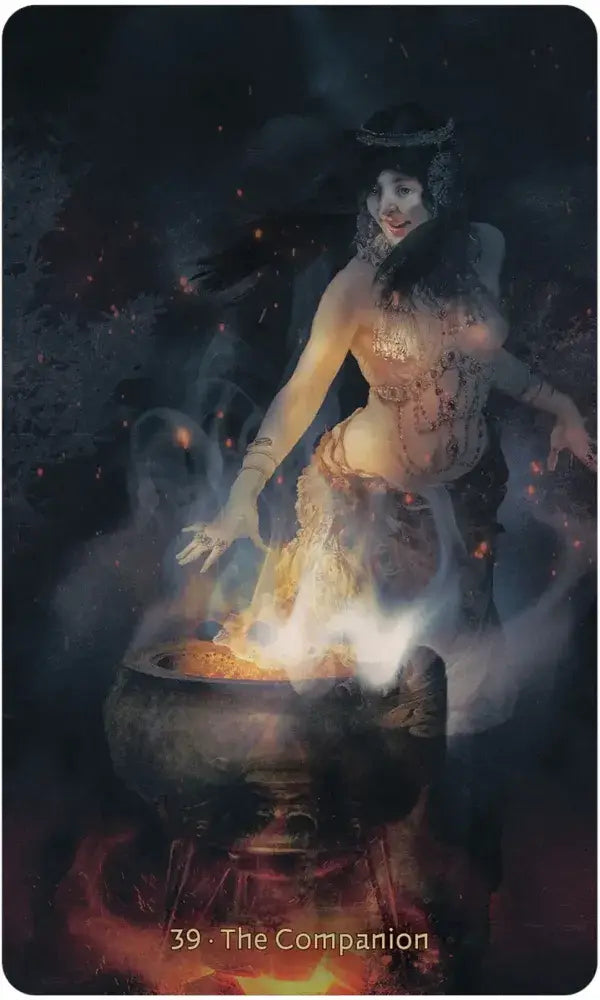 W.I.T.C.H. Oracle card 39 — The Companion: luminous woman emerging from a glowing cauldron surrounded by fire and smoke by Silas Toball