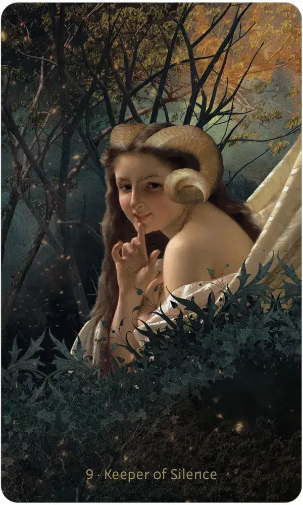 W.I.T.C.H. Oracle card 9 — Keeper of Silence: horned woman with finger to lips emerging from moonlit forest by Silas Toball