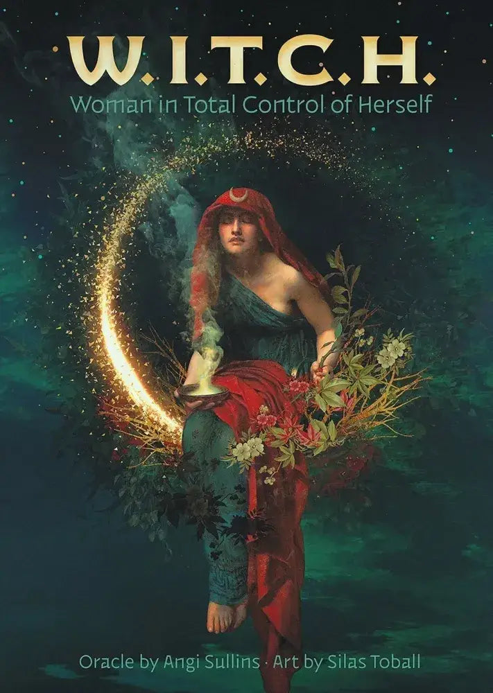 W.I.T.C.H. Oracle Deck box — Woman in Total Control of Herself by Angi Sullins, art by Silas Toball, woman seated on glowing crescent moon with florals