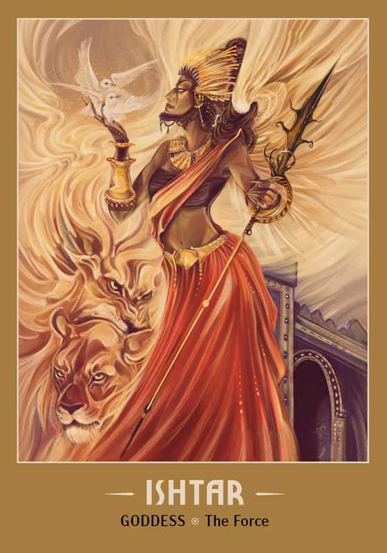 Perchta card from Women of Myth Oracle Deck featuring Ishtar Mesopotamian goddess of love, fertility, and war