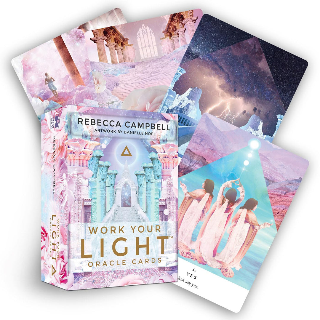 Work Your Light Oracle Cards by Rebecca Campbell — box with 44 oracle cards fanned out, intuitive soul purpose oracle deck
