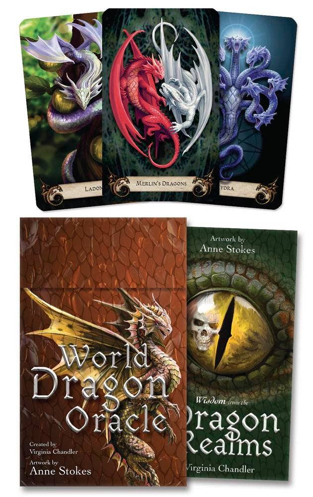 World Dragon Oracle 28-card mythology oracle deck and box by Anne Stokes with 128-page guidebook by Virginia Chandler, published by Llewellyn Worldwide 2024